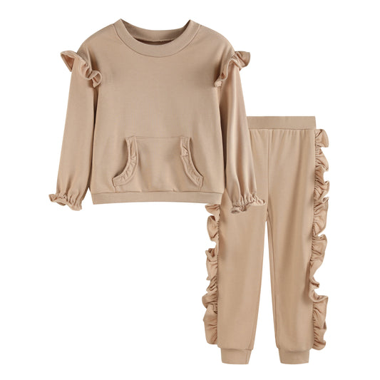 Ruffles - Light Brown Ruffle Sweatshirt with Jogger Pant Set