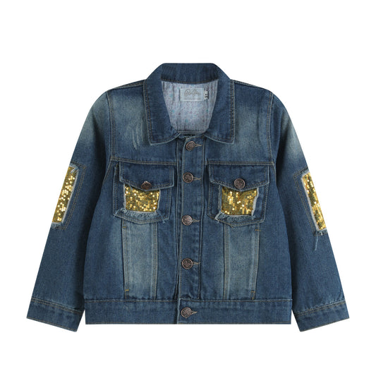 Ruffles - Gold Sequin Girls Denim Jean Jacket