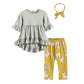 Gray Hi-Lo Ruffle Tunic and Mustard Floral Capris and Headband Set