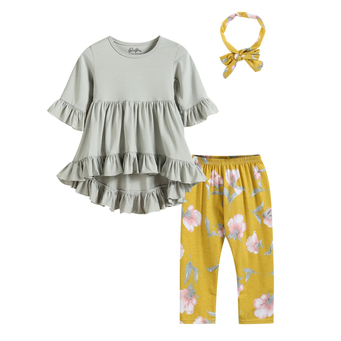 Gray Hi-Lo Ruffle Tunic and Mustard Floral Capris and Headband Set