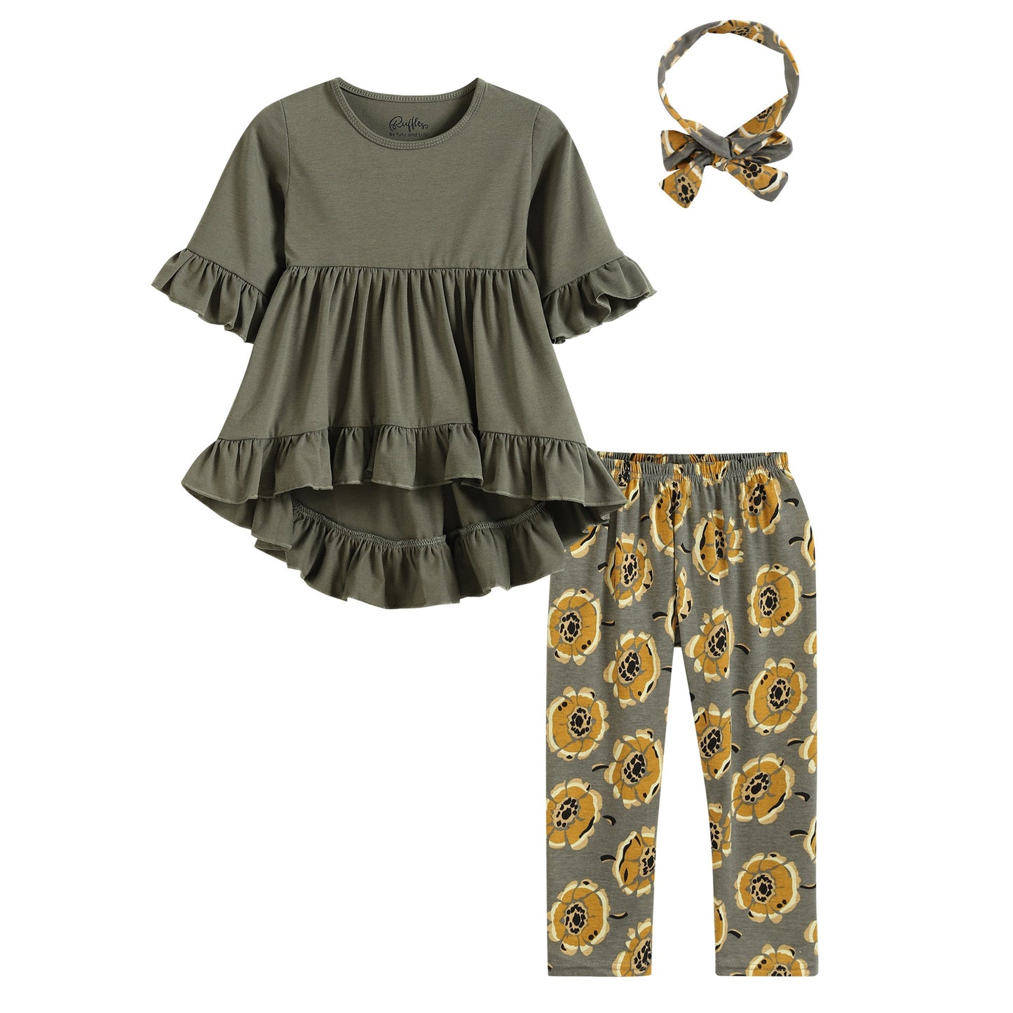 Gray and Yellow Ruffle Hi-Lo Tunic and Capris and Headband Set