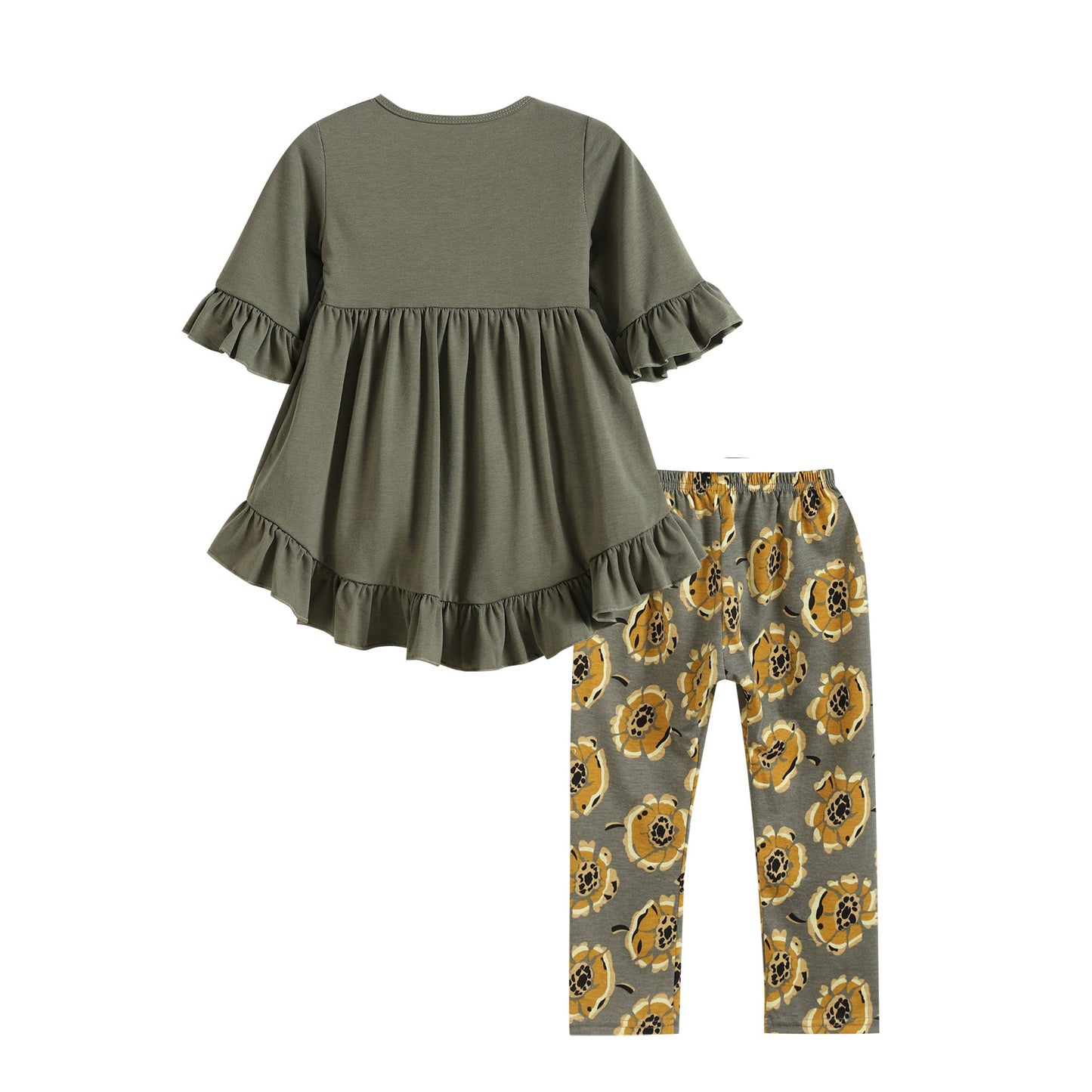 Gray and Yellow Ruffle Hi-Lo Tunic and Capris and Headband Set