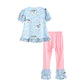 Blue Floral and Cow Print Ruffle Tunic and Pink Capris Set