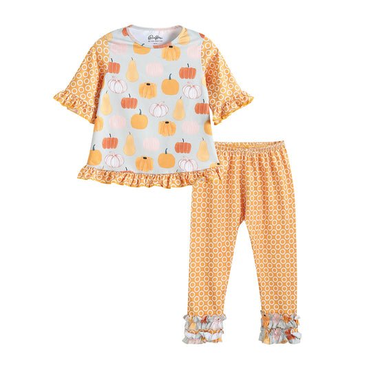 Orange and Gray Pumpkin Ruffle Dress and Capri Set