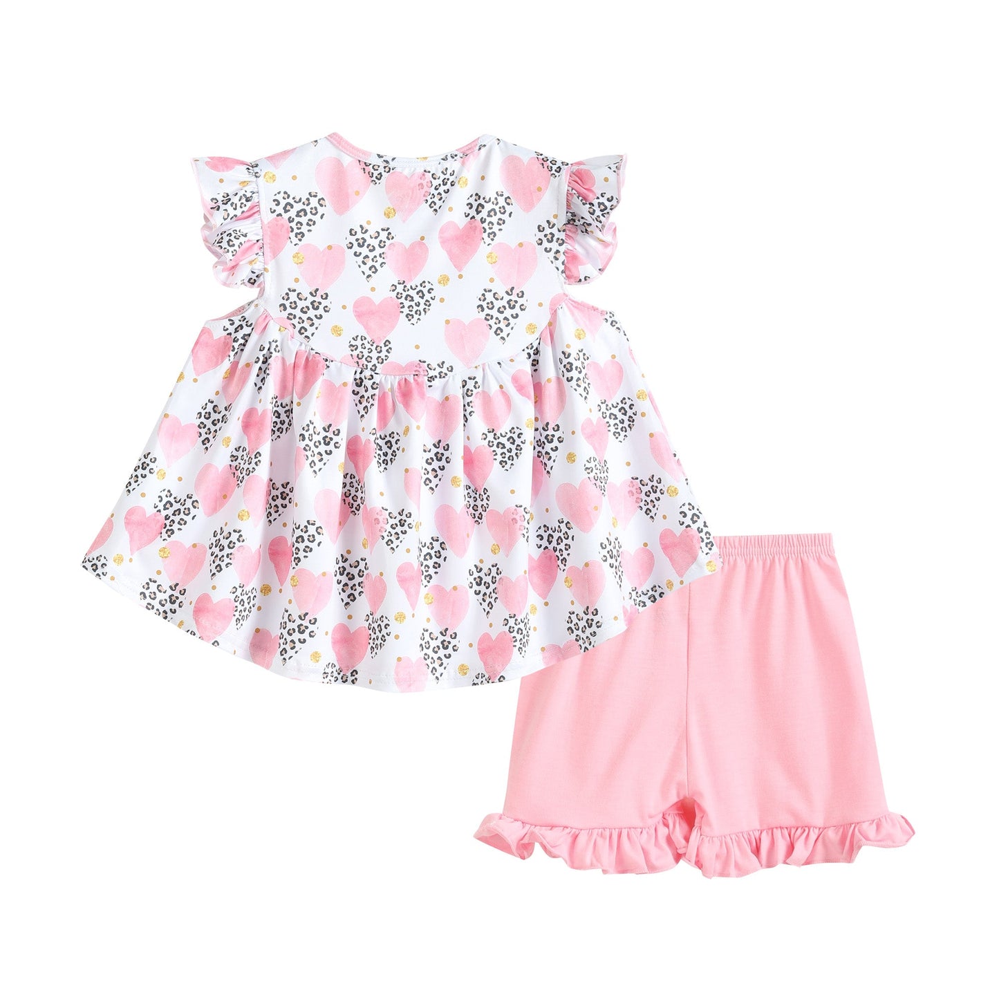 Pink Heart and Leopard Ruffle Dress and Shorts Set