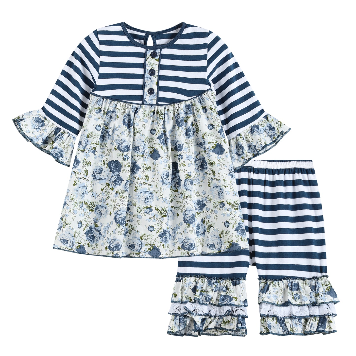 Blue Rose and Stripes Ruffle Tunic and Short Set