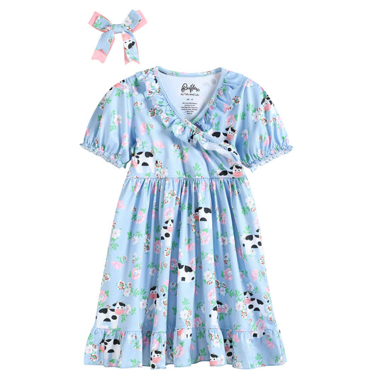 Blue Floral and Cow Print Ruffle Wrap Dress