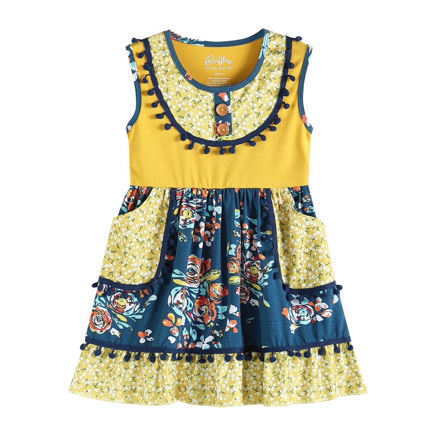 Mustard & Cobalt Floral Pom-Pom Dress