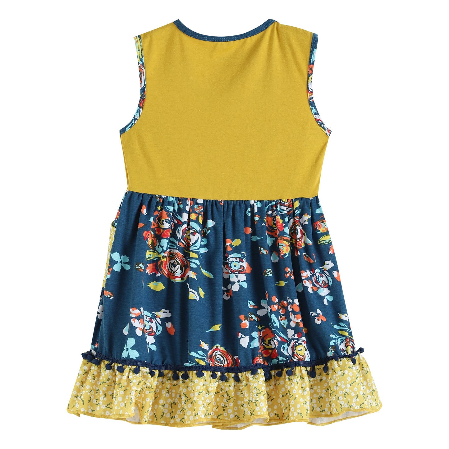 Mustard & Cobalt Floral Pom-Pom Dress